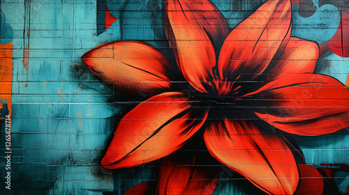 Vibrant mural of a red flower against a blue background in an urban setting