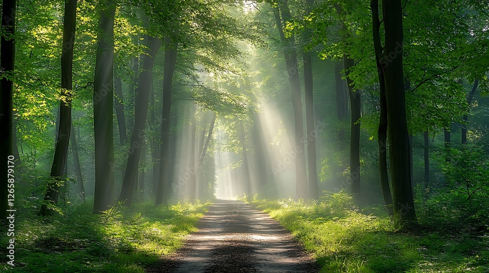 Obraz premium Sunbeams Illuminate Forest Path Morning Mist