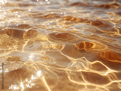  a rippling, golden liquid surface with light reflections creating intricate wave patterns. The texture appears smooth yet dynamic, capturing the play of light on the fluid. photo