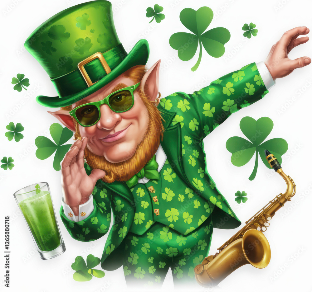 Leprechaun Dance wearing sunglasses, Saint Patrick's day Clipart, Transparent background, Watercolor St Patrick’s Day Clipart