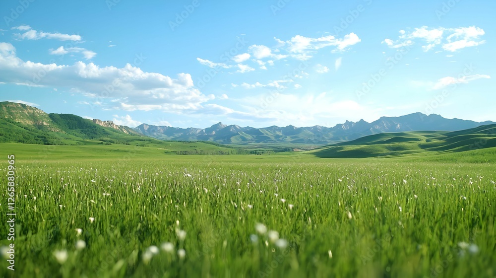 Bright Sunny Day in a Serene Green Field with White Flowers and Mountain Background Bright Sunny Day in a Serene Green Field with White Flowers and Mountain Background