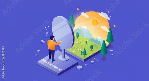 Isometric Illustration of Character Reframing Negative Thoughts with Positive Reflections