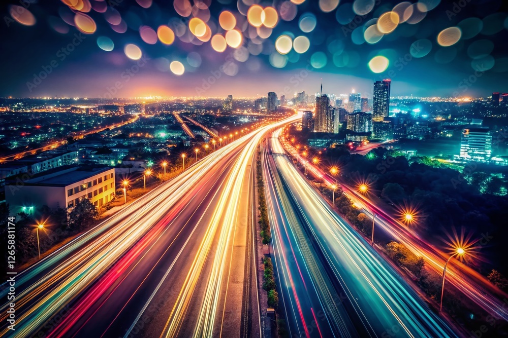 Fototapeta premium Long Exposure Light Trails at Night, Cityscape, Urban Photography, Polaroid Aesthetic