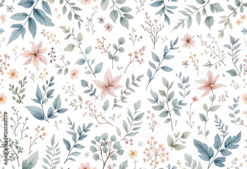 Seamless Pattern of Delicate Watercolor Floral Illustrations on White Background