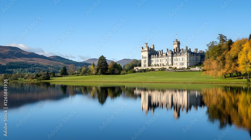Obraz premium Scottish Castle Reflected in Calm Lake Under Autumn Sky