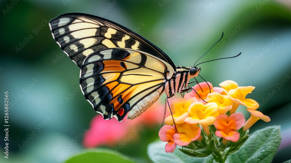 Vibrant butterfly feeding on colorful flowers in a lush garden setting Vibrant butterfly feeding on colorful flowers in a lush garden setting