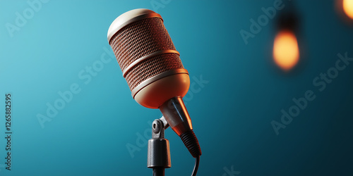 Vintage microphone broadcasting on turquoise background with soft lighting