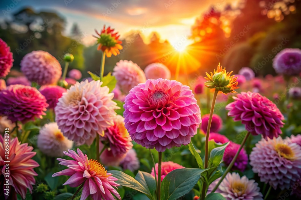 Long Exposure Photography of Vibrant Dahlia Bushes at Dusk