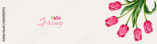 A seasonal vector banner with the inscription "Hello Spring" and a watercolor element - bouquet of pink tulips. Beige background with blooming flowers. Template for greetings, postcards, design.