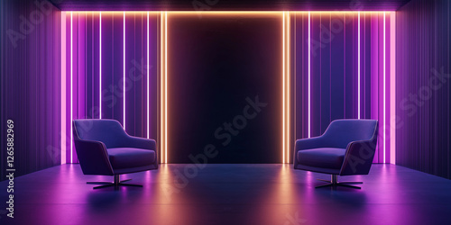 Two empty armchairs illuminated by purple and orange neon lights in a modern ...