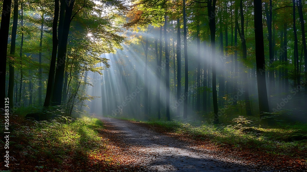 Fototapeta premium Sunbeams Illuminate A Misty Forest Path