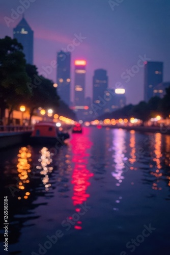 Blurred city lights, vibrant hues, Chao Phraya River reflection, Bangkok, bokeh, river