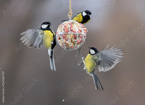 three tit birds with fluffed feathers and wings hanging on a ball feeder and ...
