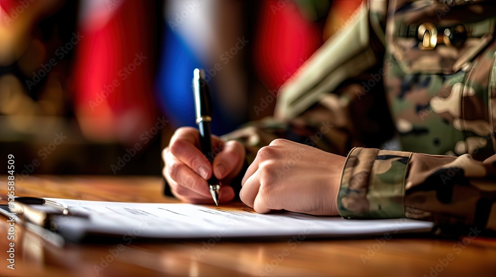 Obraz premium Military officer signing official contract on wooden desk, representing formal agreements and commitments in defense or government sectors. Professional and authoritative setting. 