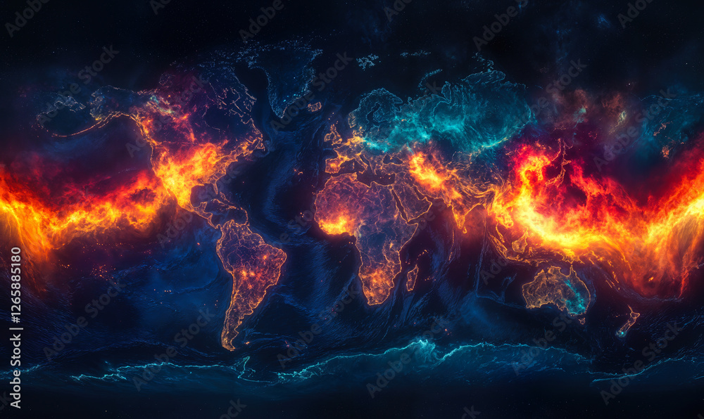 Fototapeta premium Vibrant Abstract World Map with Fiery and Cool Tones Illustrating Global Weather Patterns and Temperature Variations