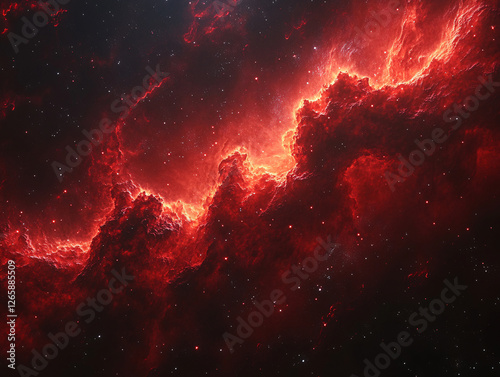  stunning red nebula in space, filled with swirling cosmic clouds and bright stars, creating a vivid and dramatic celestial scene. photo