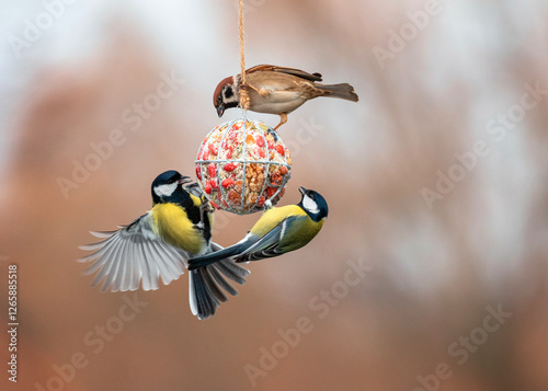 hungry birds tits and sparrow flying and hanging on a bird feeder ball and ea...