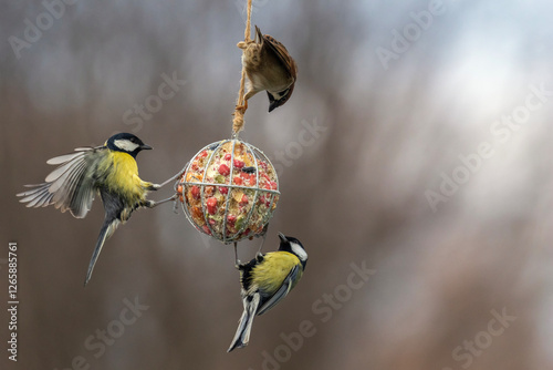 birds tits and sparrows hanging on a feeder with their wings spread and eatin...