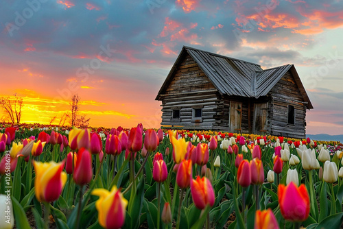 Rustic wooden cabin in a colorful tulip field at sunset. Vibrant spring landscape with dramatic sky, nature, and countryside scenery. photo