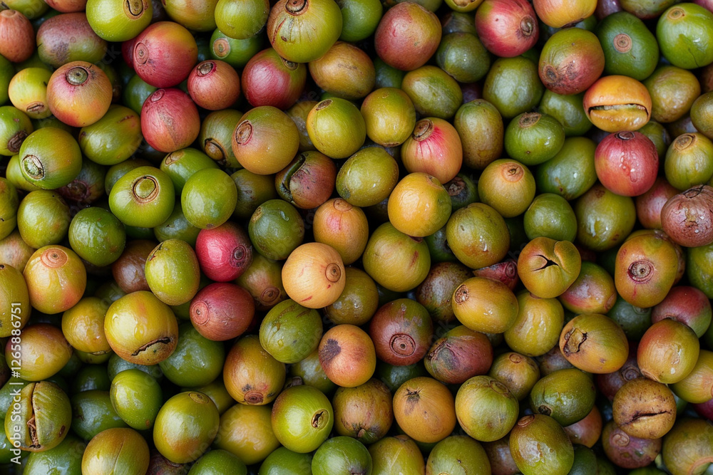 A pile of unripe and ripening coffee cherries in shades of green, yellow, and red, showcasing their natural texture and organic appearance. A pile of unripe and ripening coffee cherries in shades of green, yellow, and red, showcasing their natural texture and organic appearance.