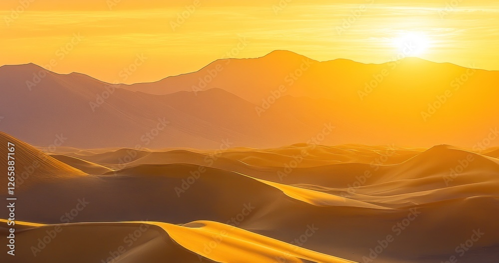 Desert sunset landscape; golden dunes, mountains Desert sunset landscape; golden dunes, mountains