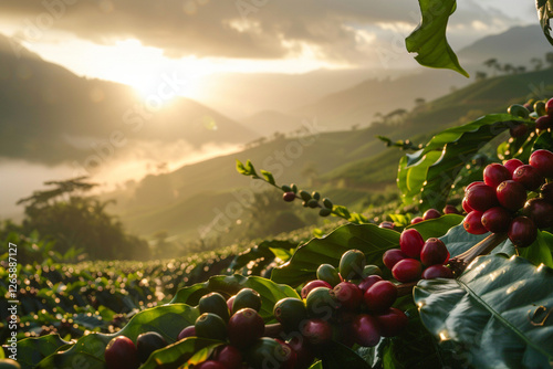 Ripe red coffee cherries on a plantation at sunrise, with sun rays illuminating the lush green leaves and misty hills in the background.