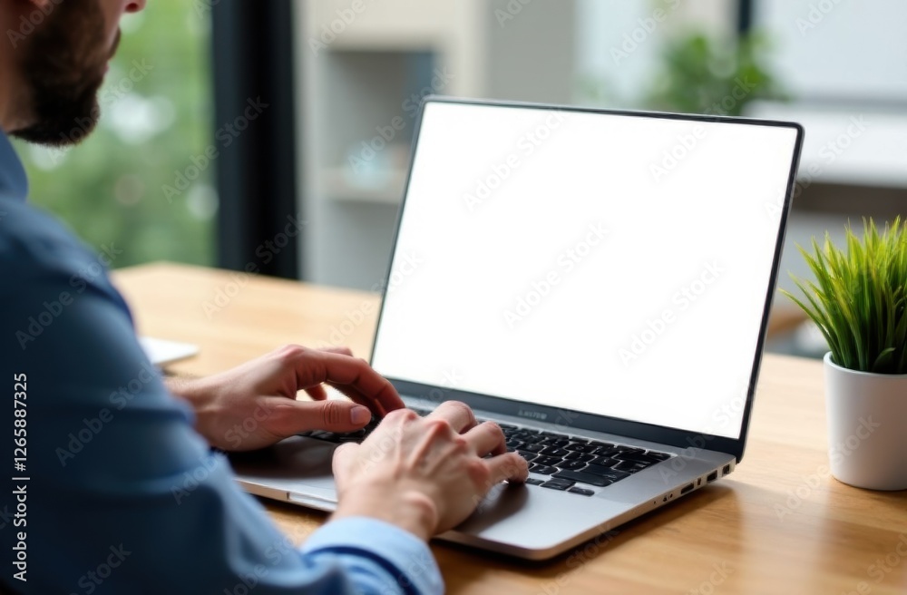Businessman working with laptop with blank white screen in office Businessman working with laptop with blank white screen in office