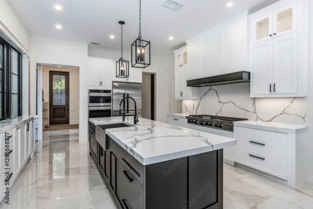 Modern kitchen with marble countertops and dark cabinetry. Modern kitchen with marble countertops and dark cabinetry.