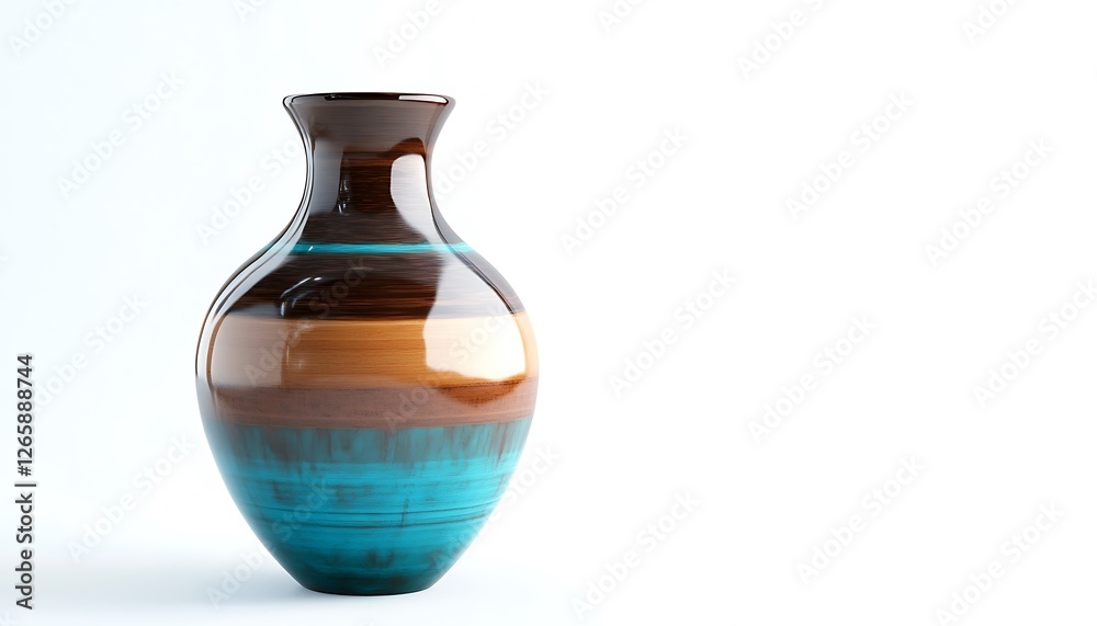 Stylish modern vase with brown and blue highlights, isolated on a bright white backdrop, displayed in ultra HD quality. Stylish modern vase with brown and blue highlights, isolated on a bright white backdrop, displayed in ultra HD quality.