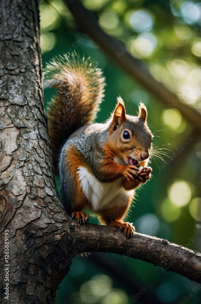 A squirrel perched on a tree branch, nibbling on food amidst a blurred green background. A squirrel perched on a tree branch, nibbling on food amidst a blurred green background.