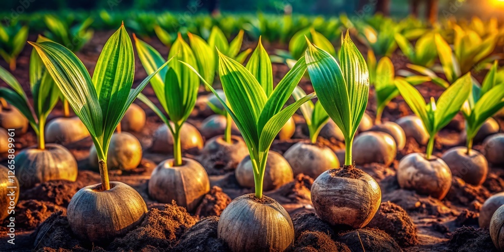 Fototapeta premium Low Light Photo: Neatly Arranged Young Coconut Seedlings