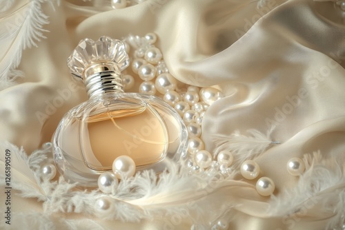 A lavish perfume bottle rests on soft silk fabric, accompanied by delicate feathers and shimmering pearls, embodying elegance and sophistication in every detail