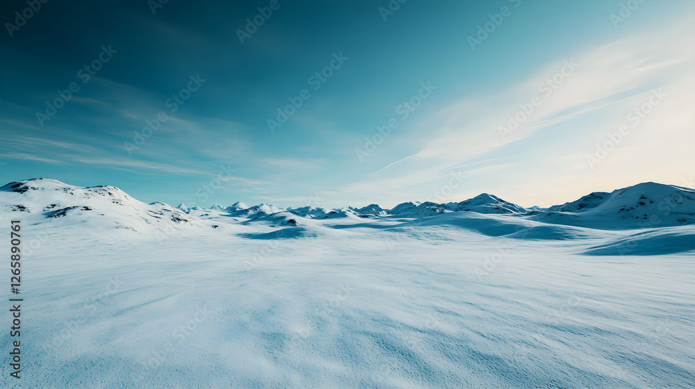 Vast snowy landscape under a clear blue sky showcasing distant mountains and a tranquil winter scene Vast snowy landscape under a clear blue sky showcasing distant mountains and a tranquil winter scene