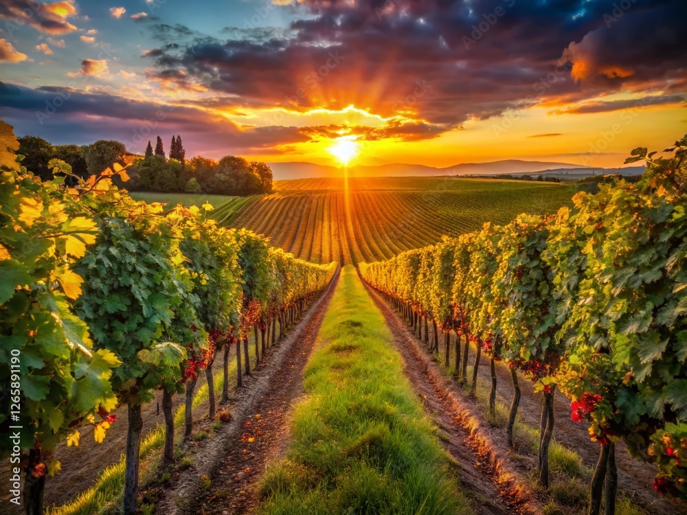 Fototapeta premium Low Light Vineyard Rows, Colorful Grapes, Night Photography
