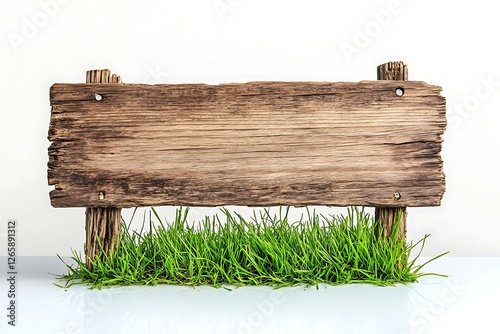 Stylish wooden signboard with fresh green grass underneath, isolated on a bright white surface, captured in HD detail.