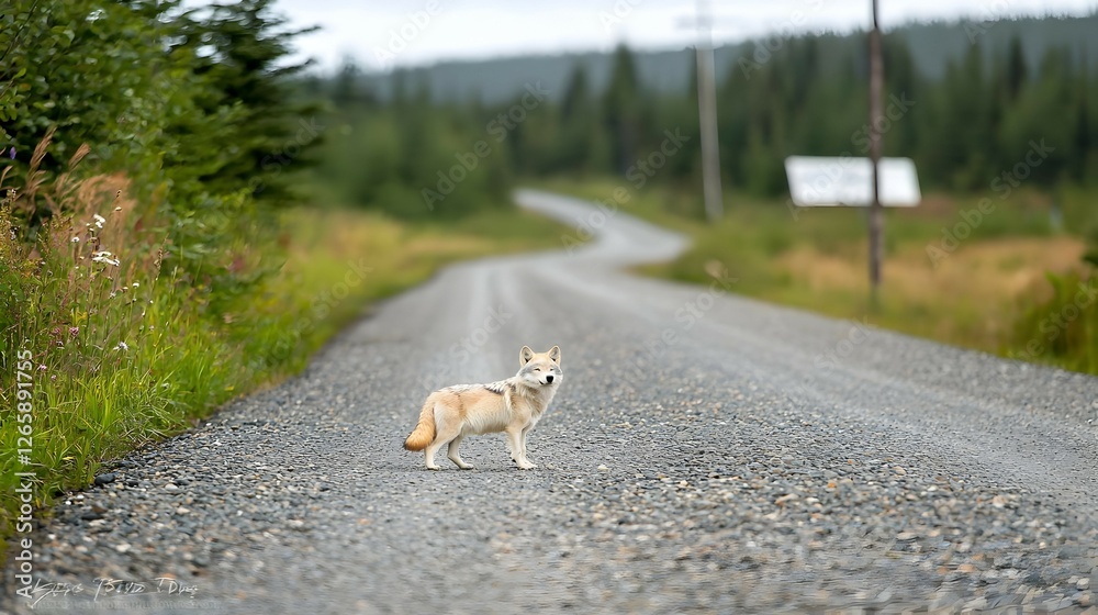 Fototapeta premium A Wolf Stands On A Gravel Road Near A Forest