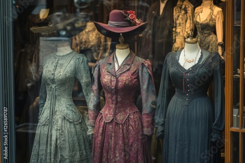 Three antique dresses on mannequins are displayed in a shop window. Two are long-sleeved gowns, one teal and one burgundy, and the third is a dark-colored long dress. photo