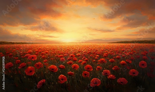 A breathtaking sunset over a vast field of vibrant red poppy flowers painting a warm and beautiful scene