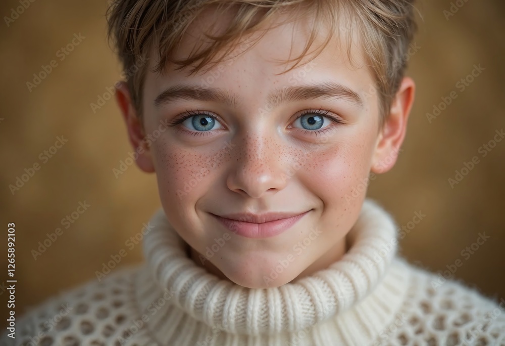 Portrait of a young Caucasian boy with blue eyes and freckles, wearing a cozy cream sweater, exuding warmth and innocence against a soft background. Portrait of a young Caucasian boy with blue eyes and freckles, wearing a cozy cream sweater, exuding warmth and innocence against a soft background.