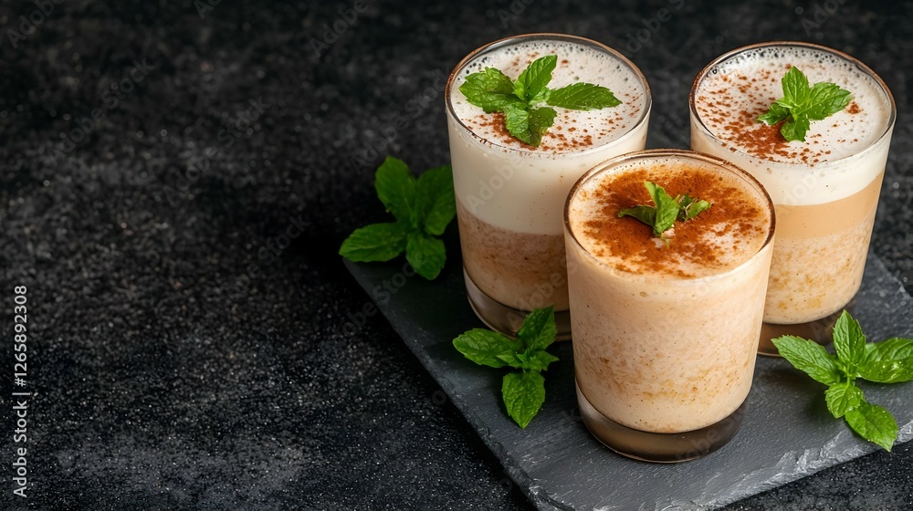 Three Glasses Of Layered Dessert Drink With Cream Mint And Cocoa Three Glasses Of Layered Dessert Drink With Cream Mint And Cocoa