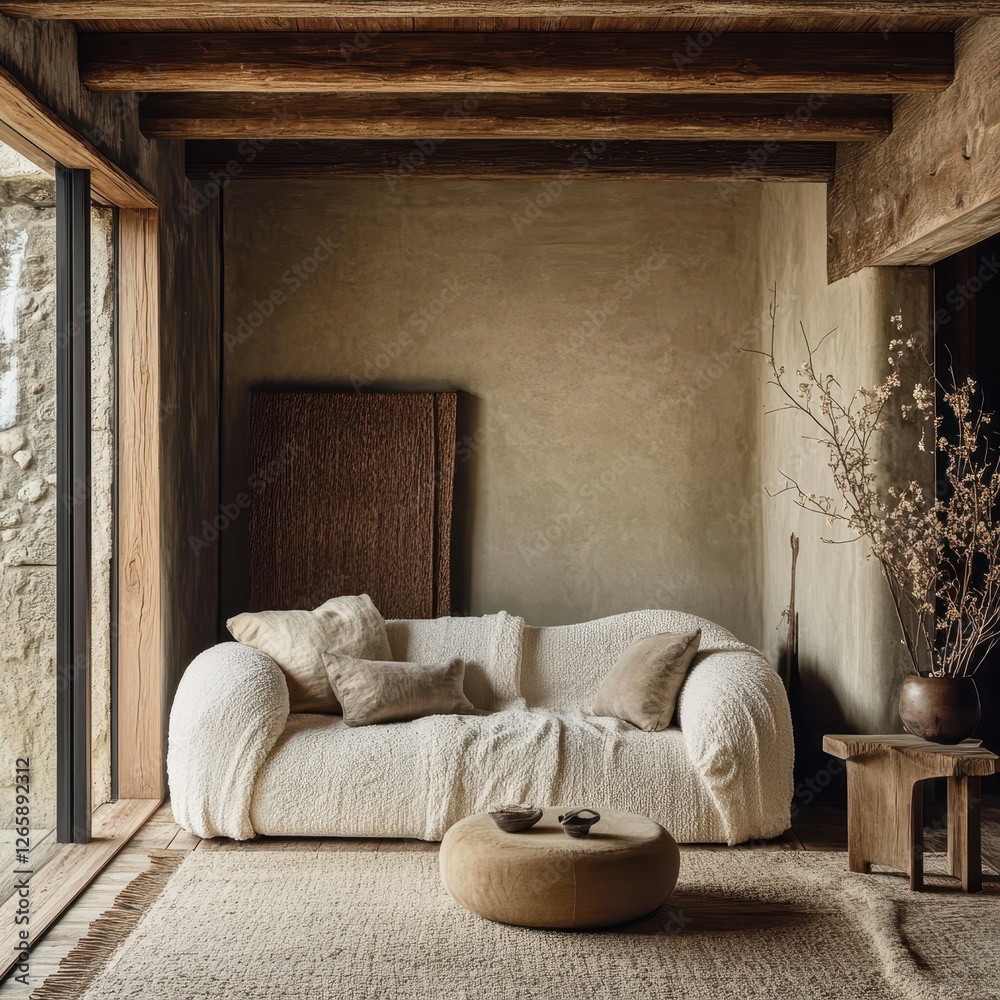 Fototapeta premium Comfortable living room featuring rustic wood accents and soft textiles