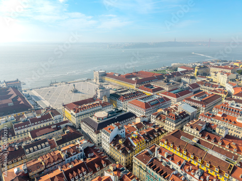 Aerial of historic tourism Praça do Comércio commerce square Lisbon, lisboa photo
