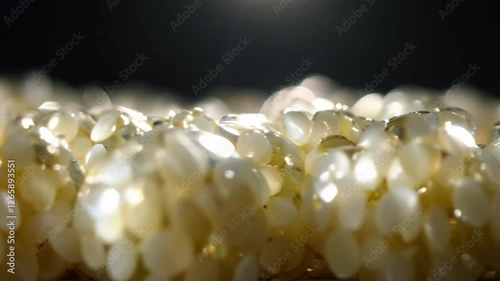 The camera pans left across a row of plump, pearly white pearl barley, arranged in a linear fashion, reflecting light with a focused spotlight