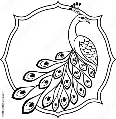 Elegant Peacock Illustration, Ornate Frame, Line Art, Bird Design