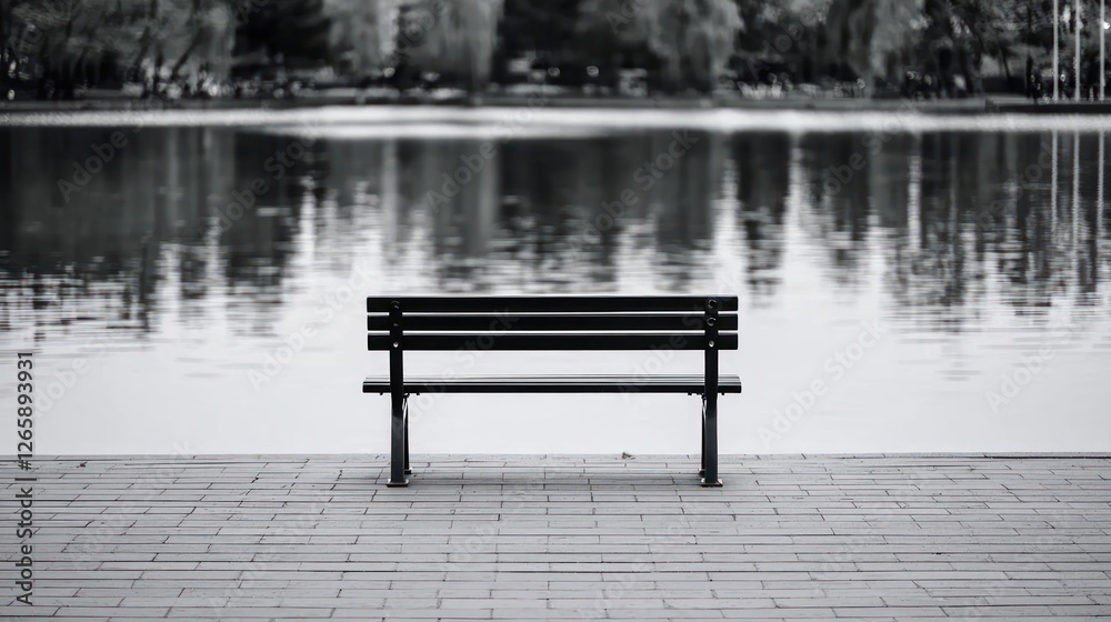 Fototapeta premium Empty Black Bench By A Lake In A Park