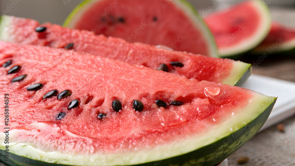 Juicy watermelon slices with seeds on a wooden surface in a bright setting Juicy watermelon slices with seeds on a wooden surface in a bright setting