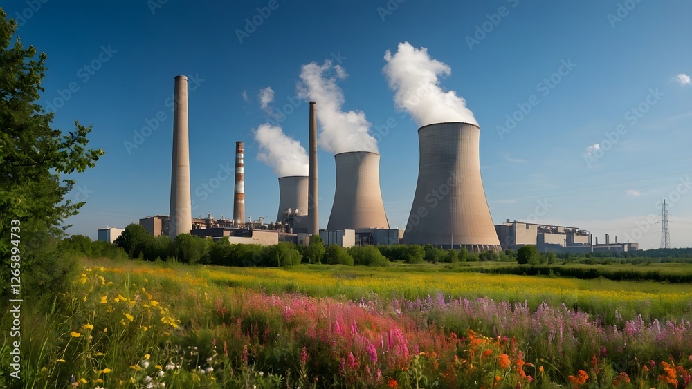 photograph of a nuclear power plant nestled in a vibrant, blooming landscape photograph of a nuclear power plant nestled in a vibrant, blooming landscape