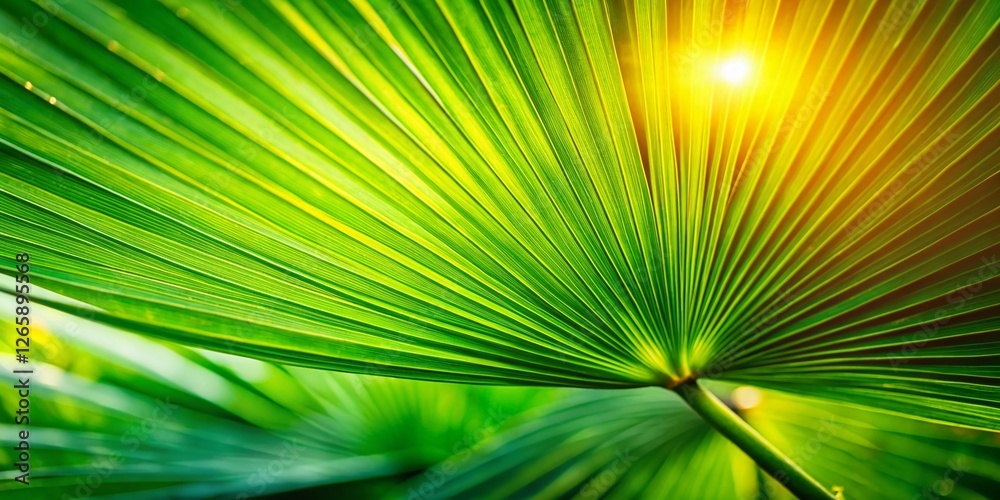 Fototapeta premium Lush Green Palm Leaf Close-Up with Bokeh Background - Stock Photo