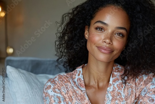 A happy biracial millennial female relaxes in her own living room, staring off into space with a look of contemplation, as if planning or visualizing her future