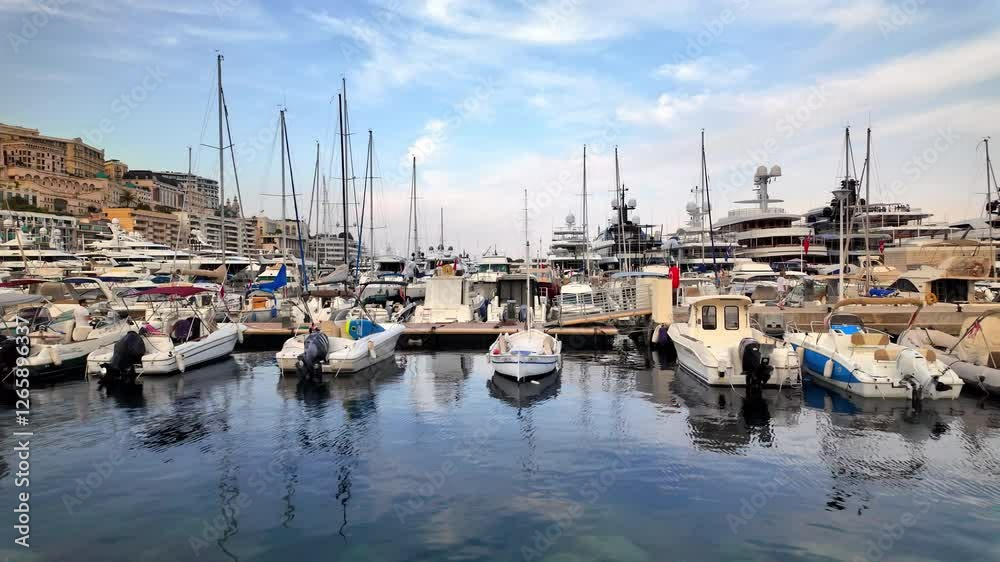 View of white boats docked in the Monaco Marina with the skyline of the city on the background View of white boats docked in the Monaco Marina with the skyline of the city on the background